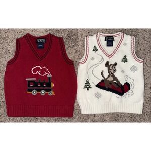 Vintage The Children's Place Sweater Vest 12M Christmas‎ Puppy/Train Cream/Red